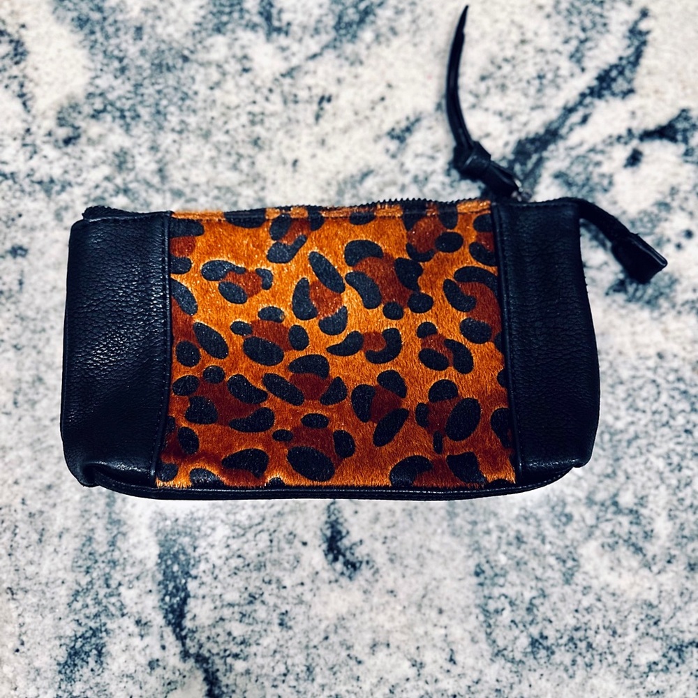 Black Leather with leopard Calf Hair Zipper pouch bag